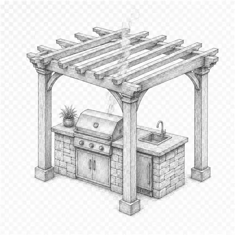 Pergola over an outdoor kitchen and grill