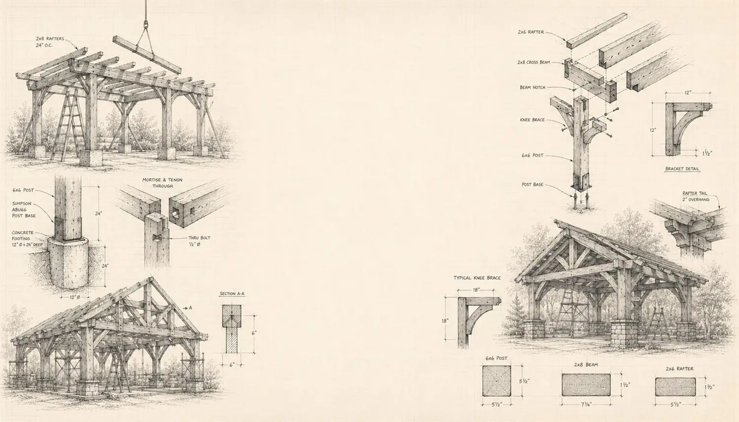 Hand-drawn pergola blueprint sketches