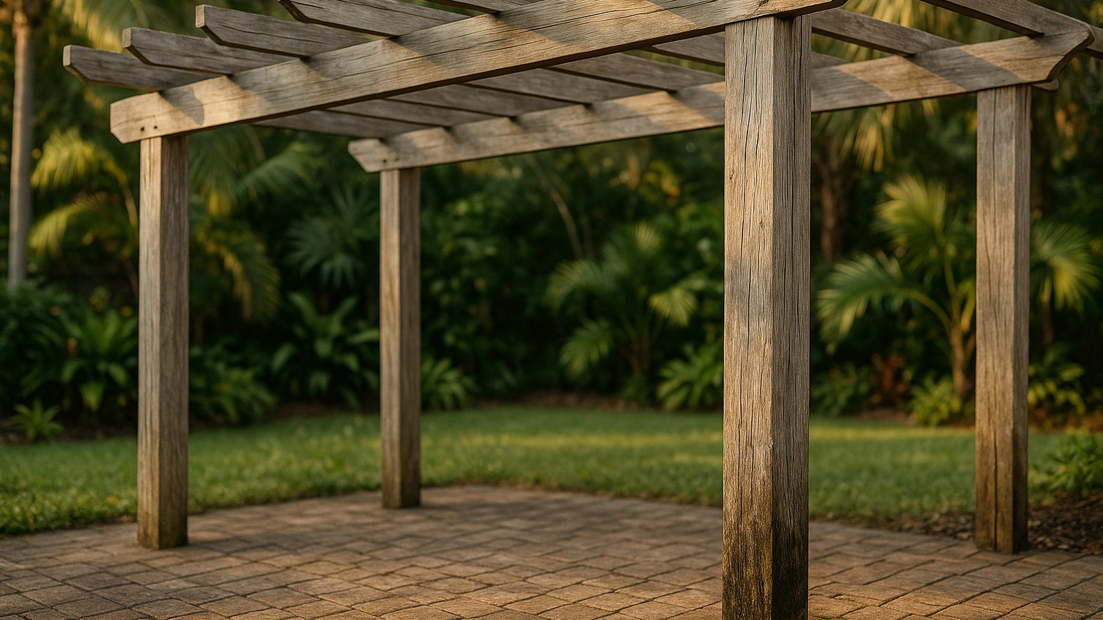 Weathered wooden pergola over a paver patio in a Jacksonville backyard, greying timber and staining at the base of one post