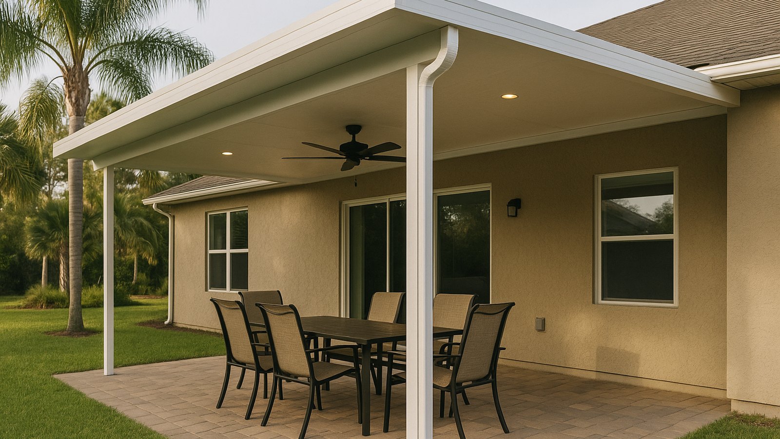 White insulated aluminum patio cover attached to a stucco home in Jacksonville over a paver patio, with recessed lights, a ceiling fan and an integrated gutter