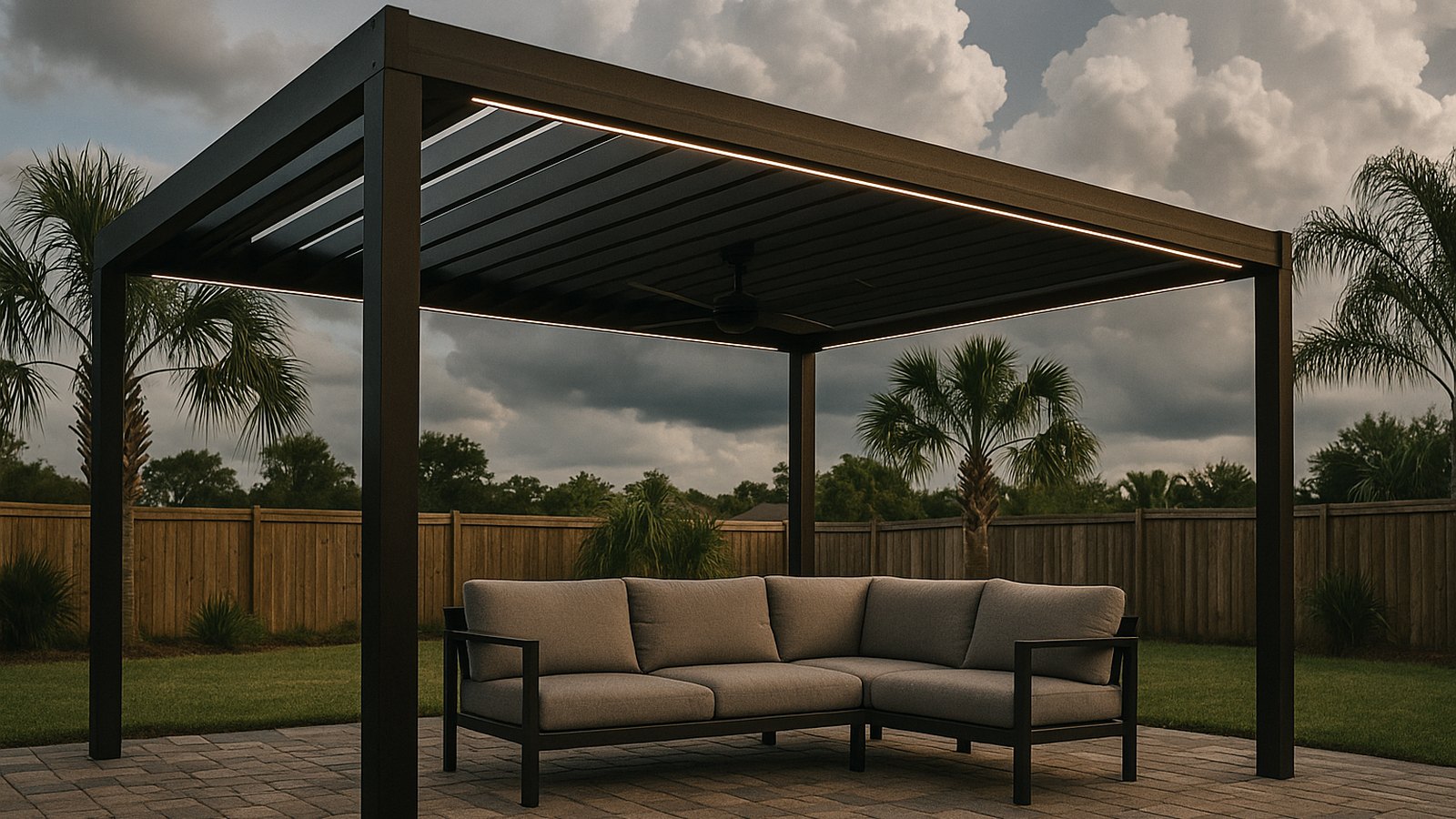 Dark bronze aluminum louvered pergola with the roof louvers half open over a paver patio in a Jacksonville backyard, with LED lighting and a ceiling fan